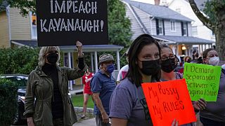 Protesters gather outside the home of Supreme Court Justice Brett Kavanaugh
