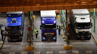 In this file photo taken on December 31, 2020 after disembarking from a ferry, lorries undergo checks at the port of Dover on the south-east coast of England. In this file photo taken on December 31, 2020 after disembarking from a ferry, lorries undergo checks at the port of Dover on the south-east coast of England.