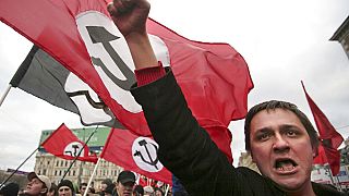 Members of the anti-Putin National Bolshevik Party at a rally in downtown Moscow in December 2006