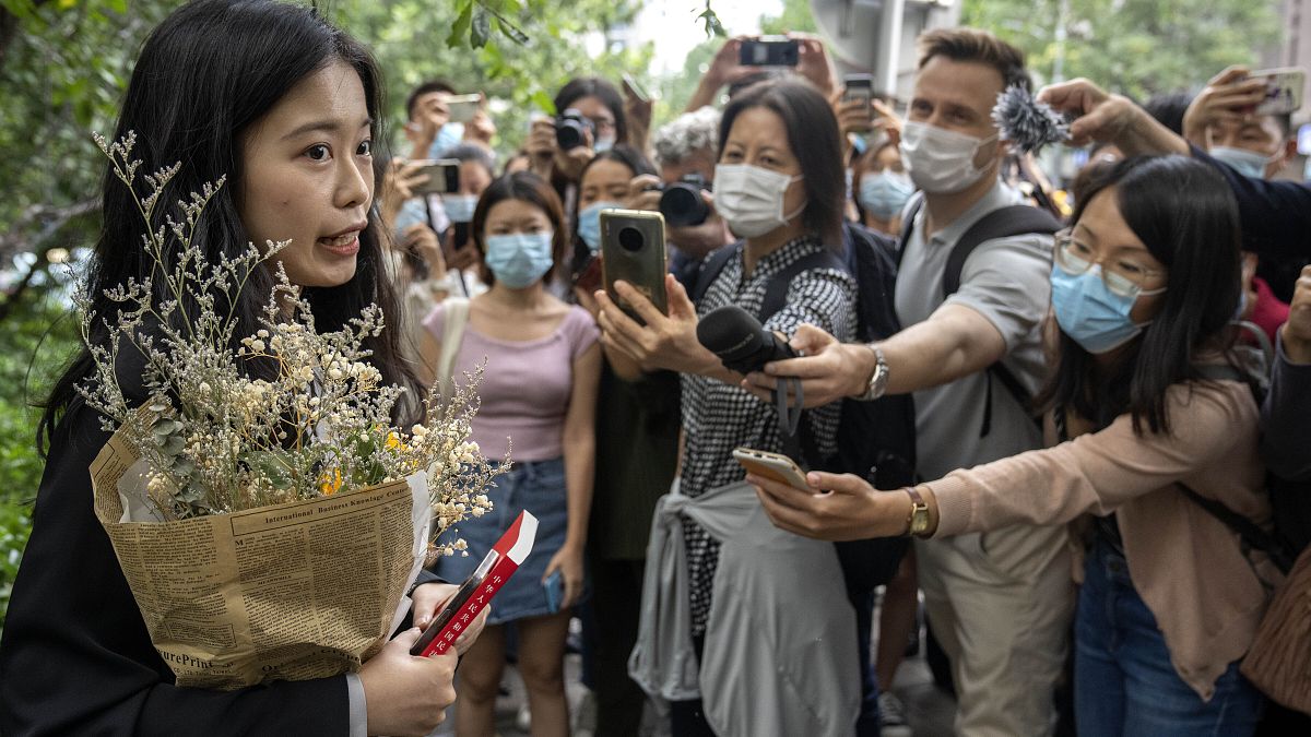 Zhou Xiaoxuan, a former intern at China's state broadcaster CCTV, speaks outside a courthouse on Sept. 14, 2021. 