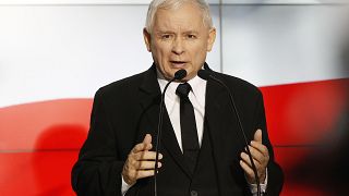 Jaroslaw Kaczynski makes a speech to his party activists in Warsaw.