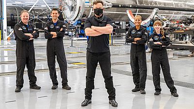 Elon Musk au centre et ses 4 premiers astronautes amateurs pour la mission Inspiration4, à Cap Canaveral, en Floride, 15 septembre 2021 