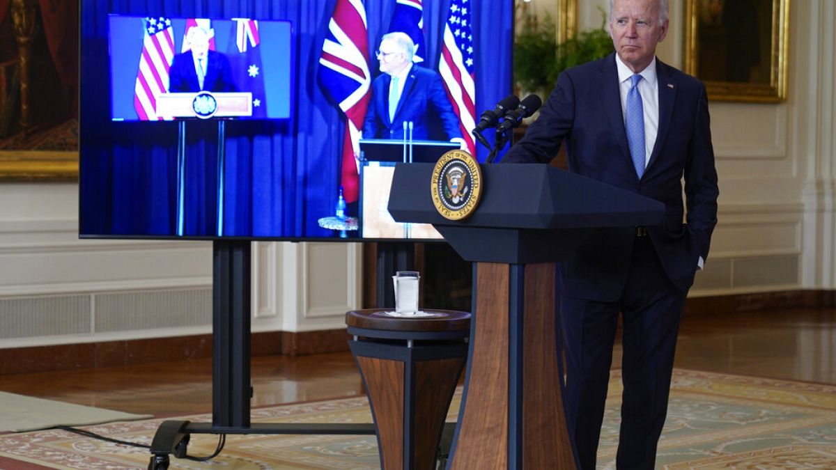 Joe Biden en conférence de presse virtuelle avec les premiers ministres britannique et australien, Washington, 15 septembre 2021