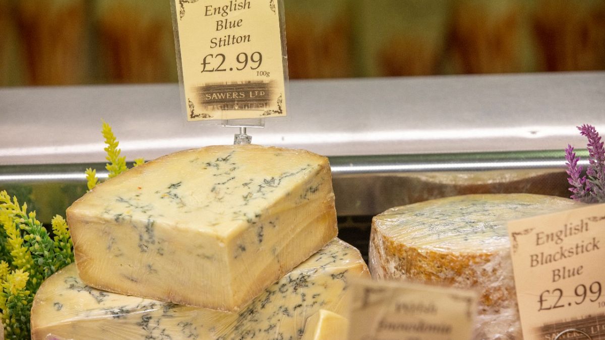 English Blue stilton cheese is seen on sale in the UK, January 15, 2021.