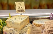 English Blue stilton cheese is seen on sale in the UK, January 15, 2021.