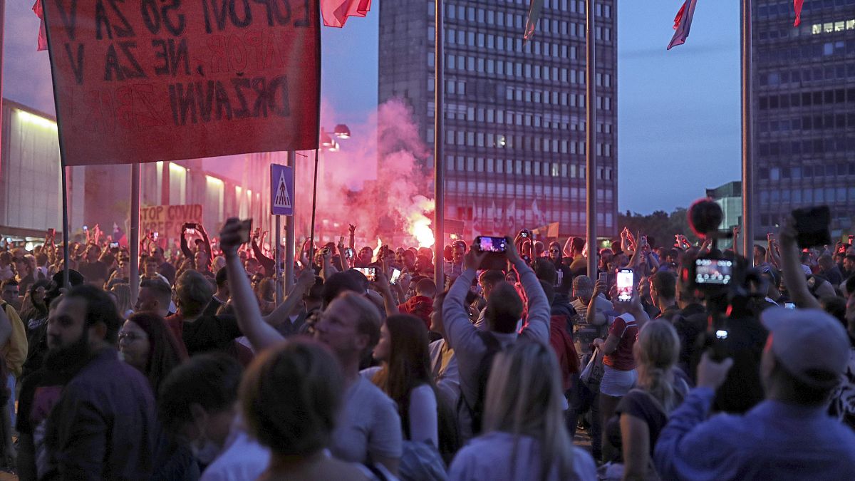 Protesters gathered near parliament in Ljubljana on Wednesday.