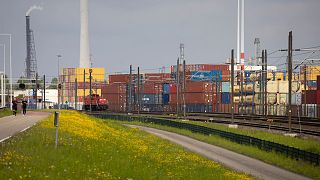 Shipping containers at a terminal in the port of Rotterdam.