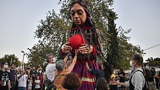 "Little Amal", a giant puppet depicting a young refugee girl,  in  the streets of Athens on September 2, 2021