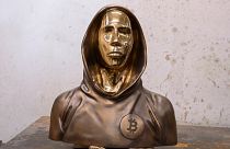 A bronze statue of Satoshi Nakamoto, the mysterious inventor of virtual currency Bitcoin