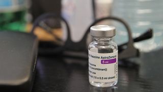 A vial of AstraZeneca COVID-19 vaccine is pictured at a family doctor office in France.