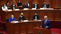 Albanian Prime Minister Edi Rama speaks during a debate at the parliament in Tirana, Albania, Thursday, Sept. 16, 2021.