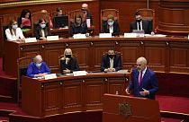 Albanian Prime Minister Edi Rama speaks during a debate at the parliament in Tirana, Albania, Thursday, Sept. 16, 2021. 