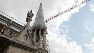 Pinnacle of Notre-Dame cathedral consolidated with construction crane in background.
