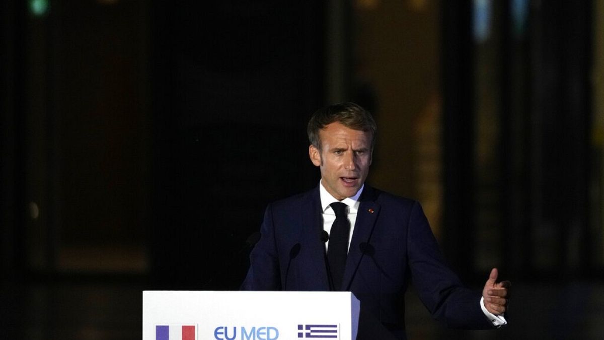 French President Emmanuel Macron speaks during the EUMED 9 summit in Athens on September 17. 