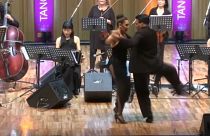 Sandra Bootz with partner dancing tango at opening of Buenos Aires Tango Festival, 16th Sep. 2021.