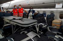 An Air Caribe Airbus A 350 airplane which has been transformed in a mobile hospital.