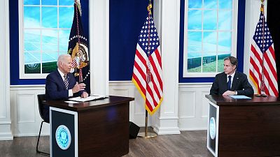US President Joe Biden, with US Secretary of State Antony Blinken, holds a virtual meeting with the Major Economies Forum on Energy and Climate. US President Joe Biden, with US Secretary of State Antony Blinken, holds a virtual meeting with the Major Economies Forum on Energy and Climate.