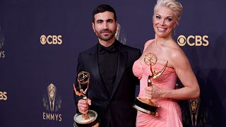 Brett Goldstein, left, and Hannah Waddingham, won awards for their performances in Apple comedy "Ted Lasso"