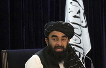 Taliban spokesman Zabihullah Mujahid speaks during a press conference in Kabul, Afghanistan Tuesday, Sept. 7, 202
