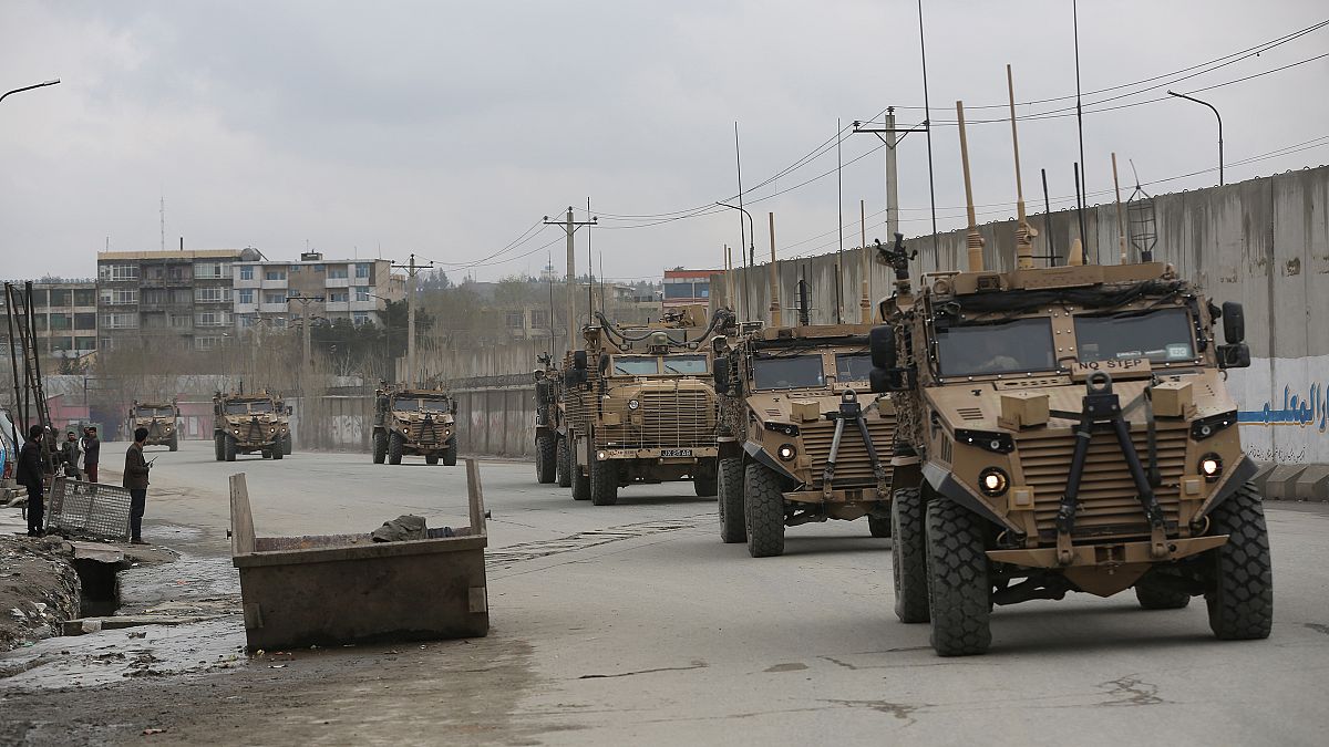  British troops with NATO-led Resolute Support Mission forces travel, in Kabul, Afghanistan, on March 25, 2020.