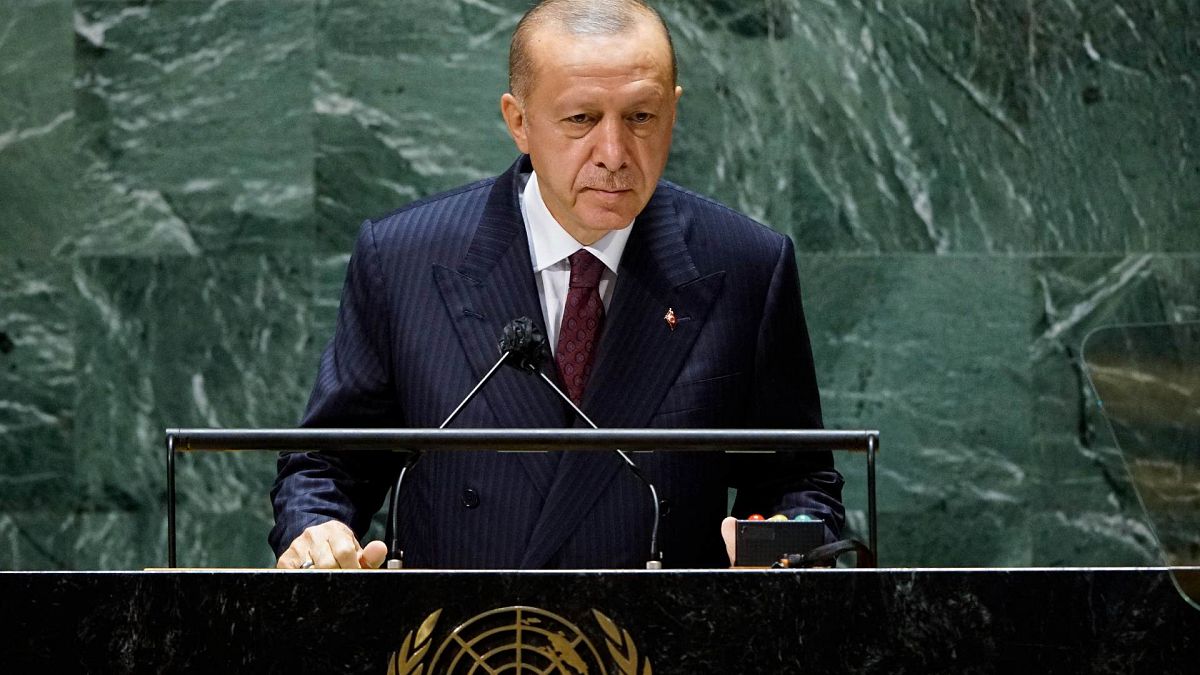 الرئيس التركي رجب طيب أردوغان يلقي كلمة أمام الدورة 76 للجمعية العامة للأمم المتحدة في نيويورك، 21 سبتمبر 2021 