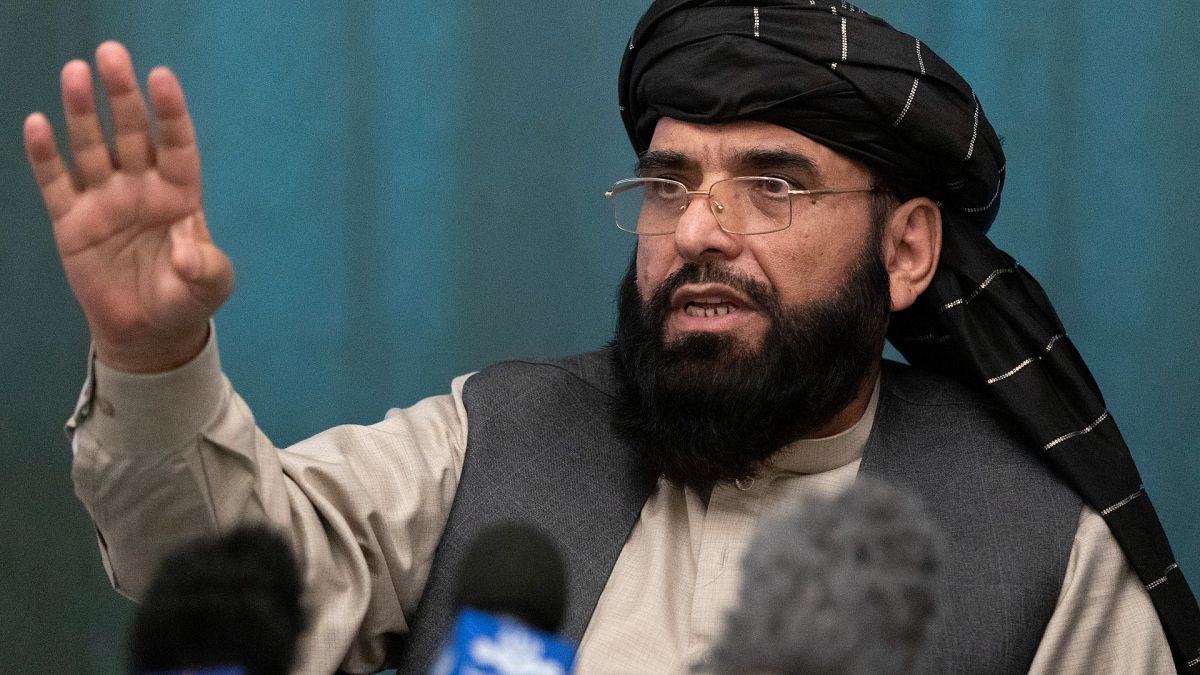 Suhail Shaheen, Afghan Taliban spokesman and a member of the negotiation team, during a joint news conference in Moscow, Russia, March 19, 2021.
