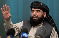Suhail Shaheen, Afghan Taliban spokesman and a member of the negotiation team, during a joint news conference in Moscow, Russia, March 19, 2021.