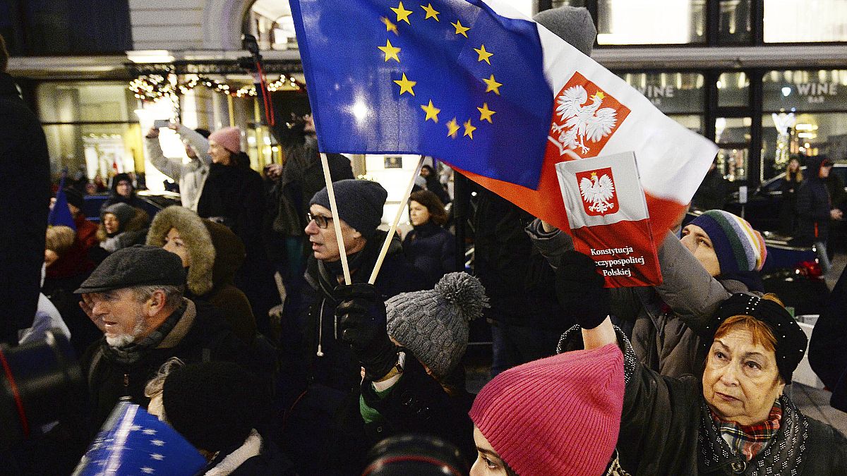 Protesters carry an EU flag at an anti-government protest in Warsaw, Poland, January 11, 2020.