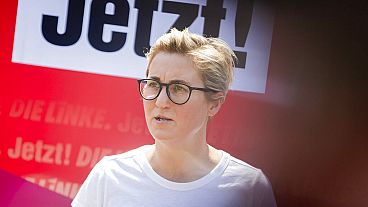 Co-leader of the Left Party Susanne Hennig-Wellsow speaks at a press conference during a convent of Germany's left party 'Die Linke' in Berlin, Germany, Saturday, June 19, 202
