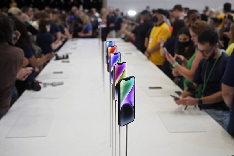 New iPhones 14s were displayed at an Apple event at its headquarters in California.