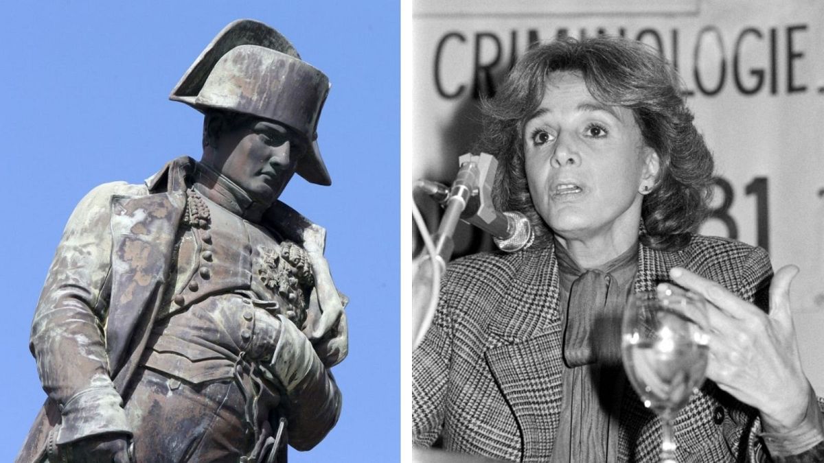 A gauche, la statue de Napoléon à Ajaccio le 15/03/2021 (par P. POCHARD-CASABIANCA) / A droite, Gisèle Halimi à Lille le 14/10/1981 (par B. HORVAT)