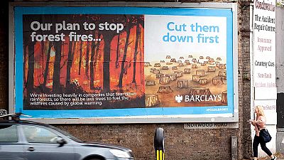 One of the 'Barclays' adverts highlighting the bank's investment in meat processing companies complicit in major deforestation.