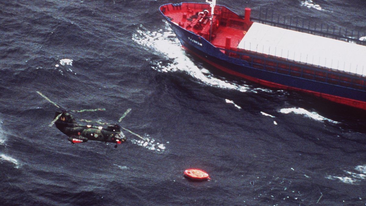 Swedish Marine rescue helicopter flies over the life rafts from MS Estonia in 1994.