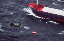 Swedish Marine rescue helicopter flies over the life rafts from MS Estonia in 1994.