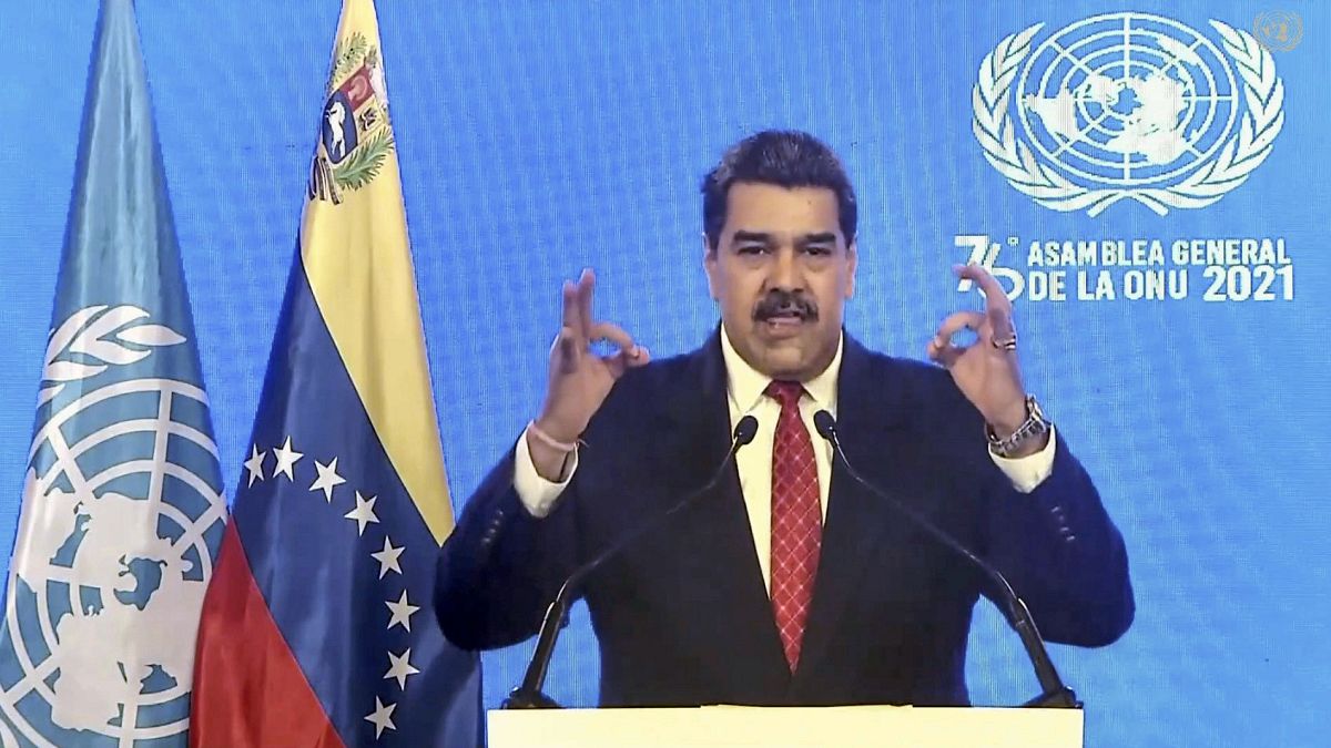 El presidente de Venezuela, Nicolás Maduro, se dirige a distancia a la 76ª sesión de la Asamblea General de las Naciones Unidas en un mensaje pregrabado, el 22 de septiembre. 