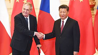 China's President Xi Jinping, right, shakes hands with Czech Republic's President Milos Zeman before their meeting in Beijing Sunday, April 28, 2019