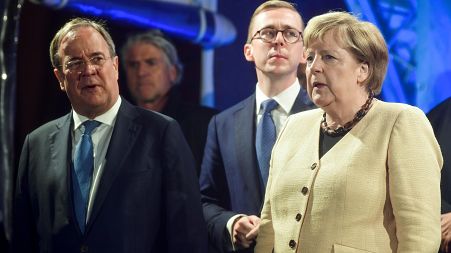 German Chancellor Angela Merkel attends an election rally with Christian Democratic Union (CDU) leader, Armin Laschet in September 2021