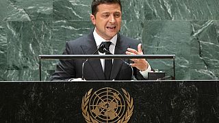 Le président ukrainien Volodymyr Zelensky, à la tribune de l'ONU à New York, le 22/09/2021