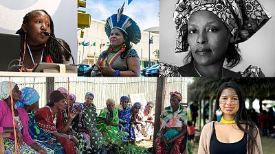 Leaders from the Global Women's Assembly for Climate (from L-R) Ruth Nyambura, Sônia Guajajara, Neema Namadamu, Helena Gualinga, and WECAN training in the DRC. Leaders from the Global Women's Assembly for Climate (from L-R) Ruth Nyambura, Sônia Guajajara, Neema Namadamu, Helena Gualinga, and WECAN training in the DRC.