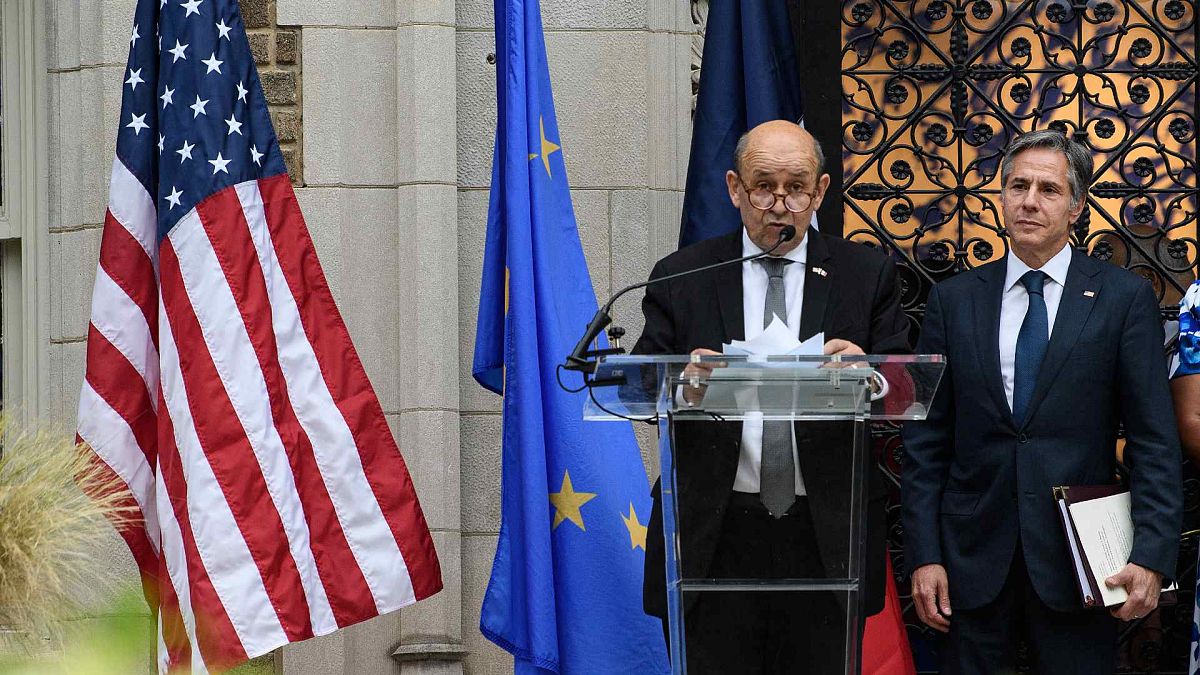وزير الخارجية الفرنسي جان إيف لو دريان ووزير الخارجية الأمريكي أنتوني بلينكين في واشنطن العاصمة، 14 يوليو. 2021