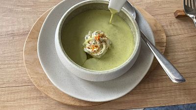 Zucchini velouté (soup) with fresh goat cheese and herbs