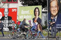 Election posters of the three main German Chancellor candidates are displayed in Gelsenkirchen.