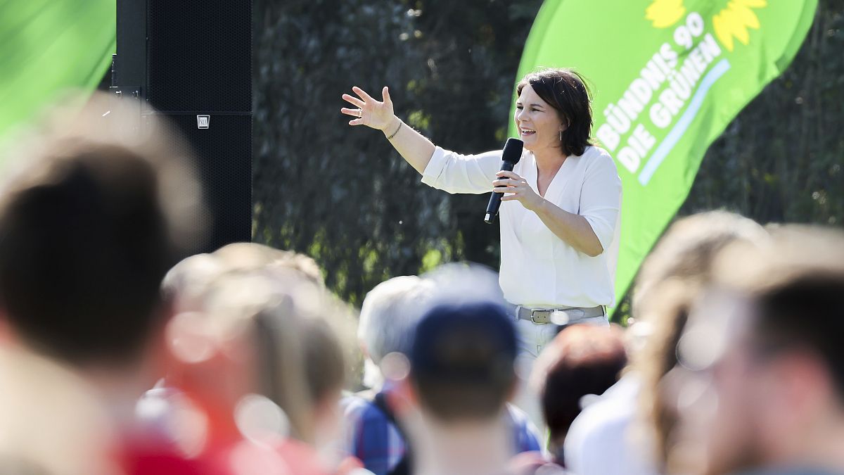 The candidate for chancellor of the German Green party, Annalena Baerbock, speaks during an election campaign event in Halle near Leipzig, Germany, Wednesday, Sept. 8, 2021.