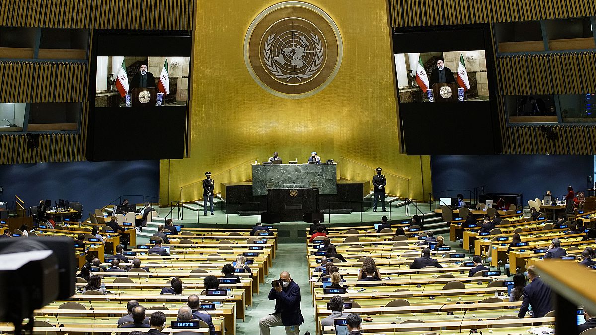 الرئيس الإيراني إبراهيم رئيسي، يلقي كلمة مسجلة مسبقا عبر الفيديو  مخاطبا الجمعية العامة للأمم المتحدة  المنعقدة في نيويورك، الثلاثاء 21 سبتمبر 2021 