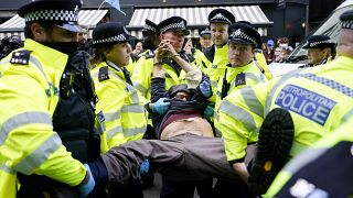 Police arrest a demonstrator at an Extinction Rebellion in London, Monday, Aug. 23, 2021.