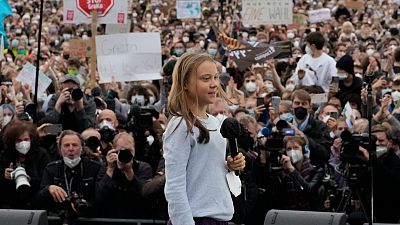 wedish climate activist Greta Thunberg at a stage during a Fridays for Future global climate strike in Berlin, Germany, Friday, Sept. 24, 2021.