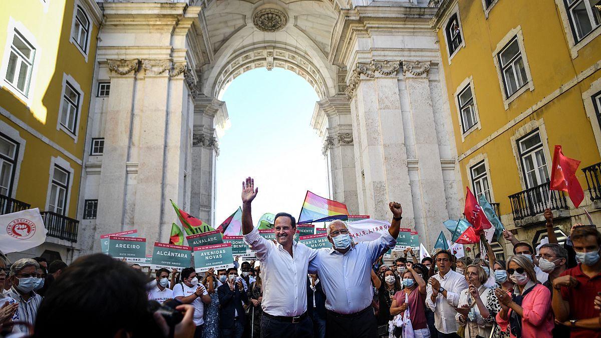 Elections municipales au Portugal : le candidat socialiste actuel maire de Lisbonne et Antonio Costa, premier ministre lors d'un meeting le 24 septembre 2021