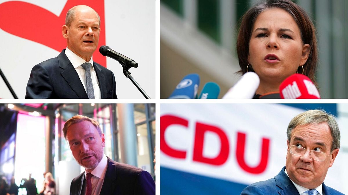 De haut en bas, de gauche à droite : Olaf Scholz (SPD), Annalena Baerbock (les Verts), Christian Lindner (libéraux), Armin Laschet (CDU)