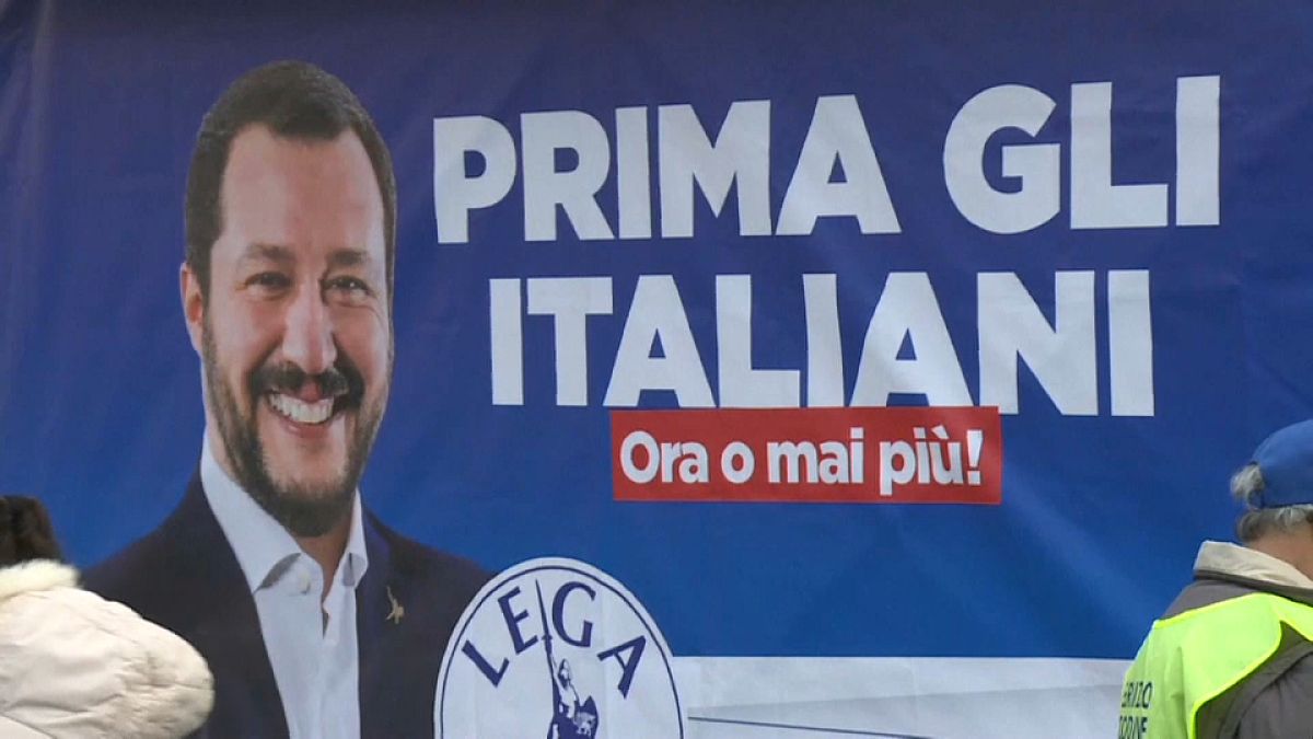 A poster of Matteo Salvini is pictured at a Lega rally in February 2018.