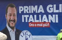 A poster of Matteo Salvini is pictured at a Lega rally in February 2018.